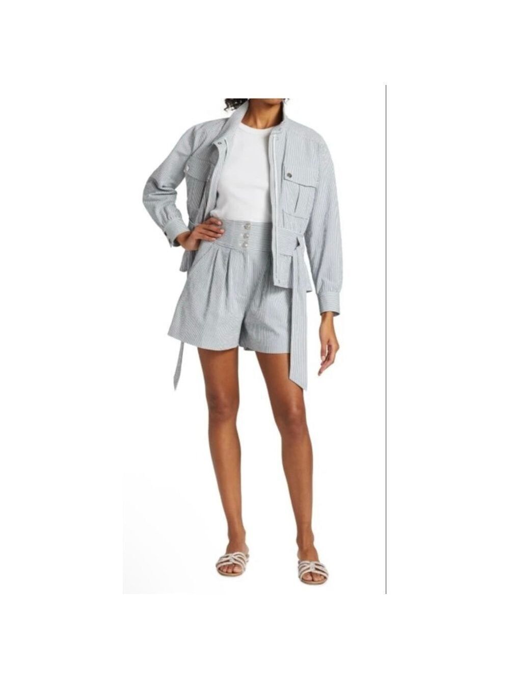 NWT Veronica Beard Bomber Jacket York Blue White Stripe Seersucker L!